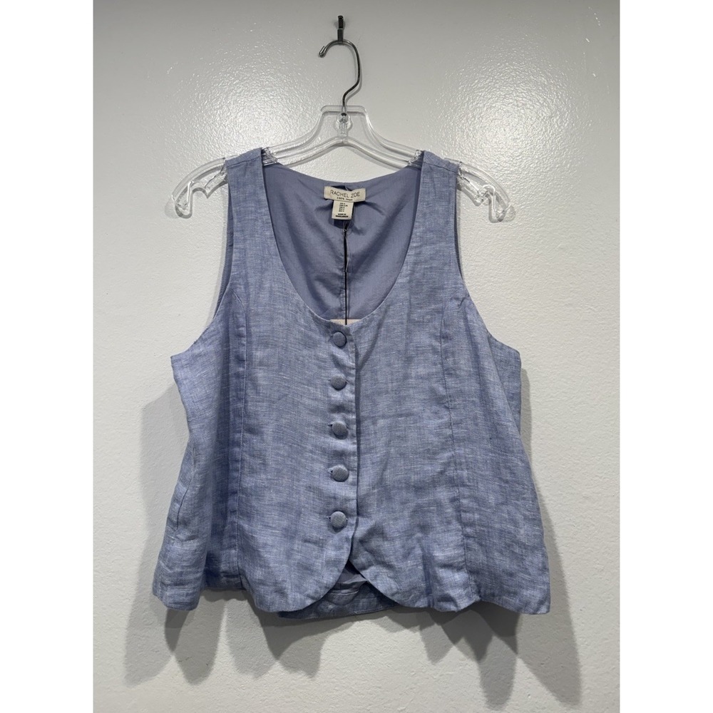 Rachel Zoe Button Front Vest Womens Size Large Blue Linen Sleeveless Coastal